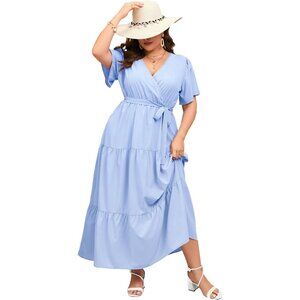 Plus Size V Neck Wrap Maxi Dress Short Sleeves High Waist Ruffle Belt